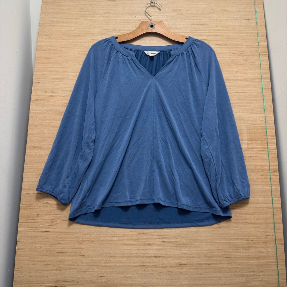 Lucky Brand Blue Split Neck 3/4 Sleeve Jersey Knit Peasant Blouse Medium